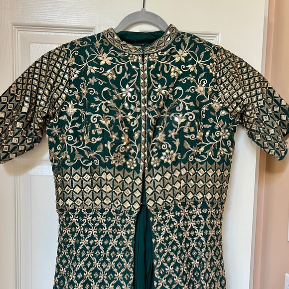 Women’s Emerald Green Mirror Work Anarkali Empire Waist Jacket Palazzo Set - Picture 3 of 9